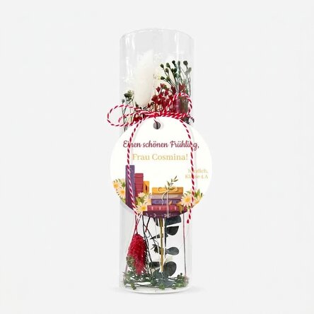 Martisor-Dekoration aus Glas mit konservierten Blumen, individuell mit einem Text für die Lehrerin v