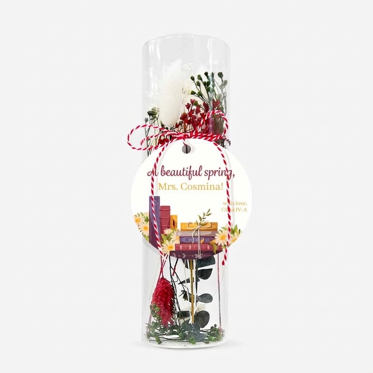 Martisor-Dekoration aus Glas mit konservierten Blumen, individuell mit einem Text für die Lehrerin v