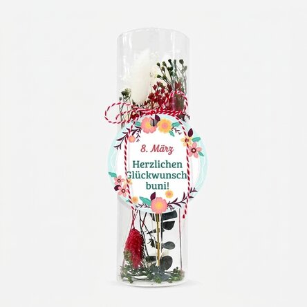 Martisor-Ornament aus Glas mit konservierten Blumen, individuell mit einer Botschaft versehen