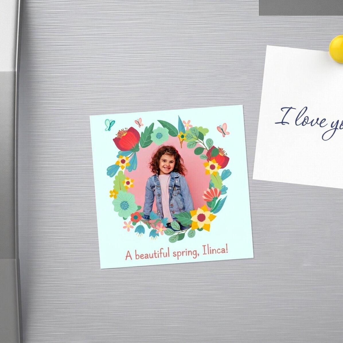 Individuell gestalteter Magnet (10 x 10) mit Foto und Text – Blumen