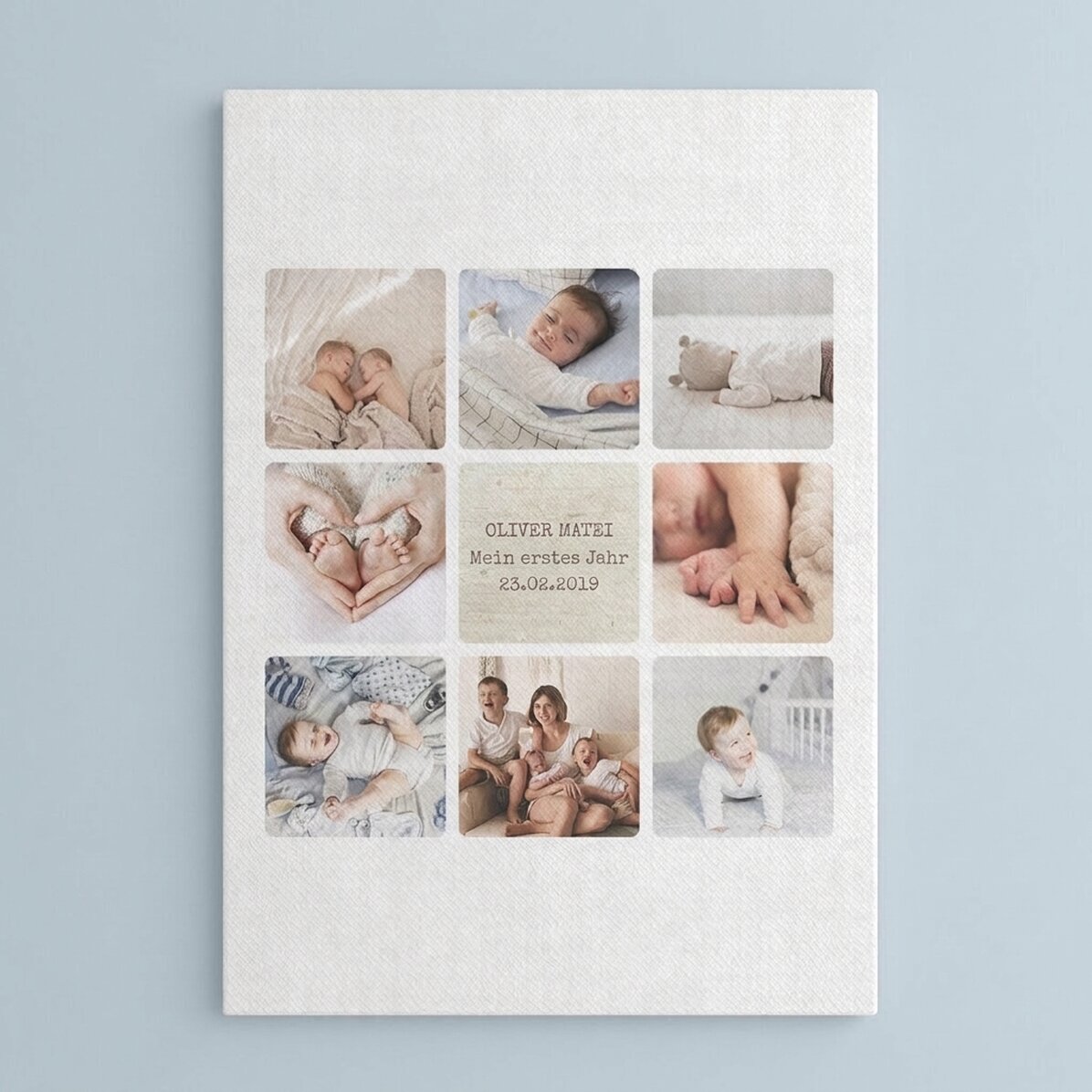 Individuell gestaltetes Leinwandbild mit Text und 8 Fotos – Das erste Lebensjahr des Babys