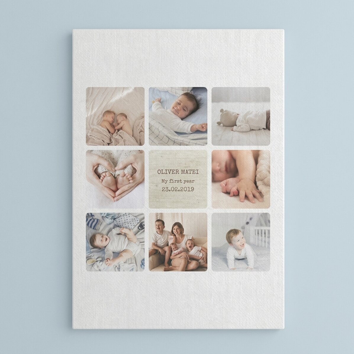 Individuell gestaltetes Leinwandbild mit Text und 8 Fotos – Das erste Lebensjahr des Babys