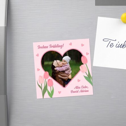 Individuell gestalteter Magnet (10 x 10) mit Foto und Text – Fröhlicher Frühling