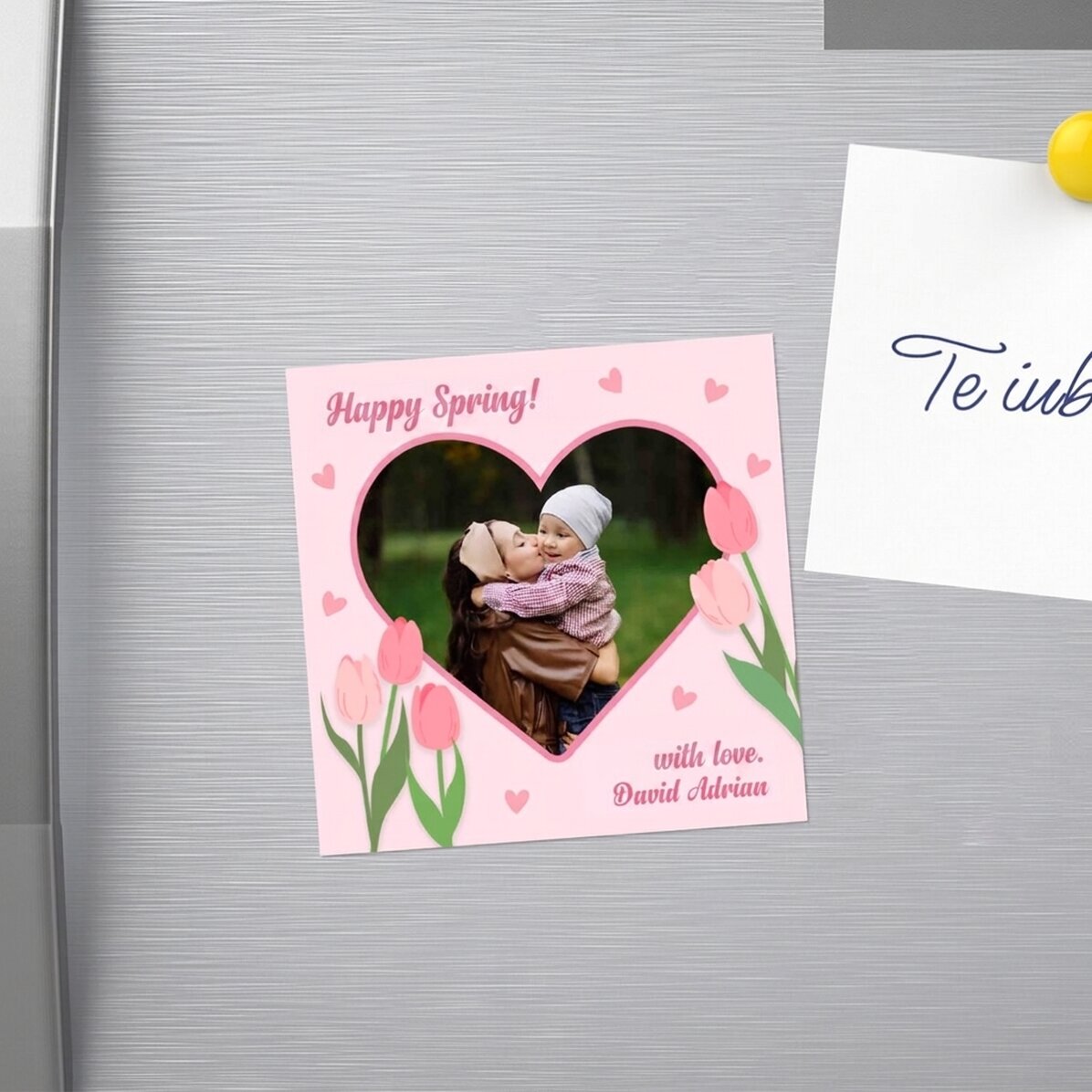 Individuell gestalteter Magnet (10 x 10) mit Foto und Text – Fröhlicher Frühling