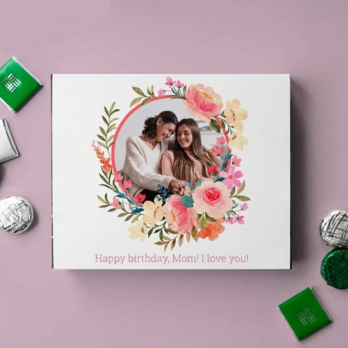 Personalisierte Pralinenschachtel mit Text und Foto – Blumen