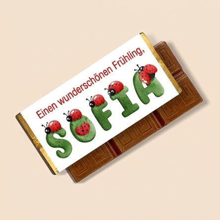 Personalisierte Mini-Schokoladentafel mit Botschaft und Namen – Marienkäfer