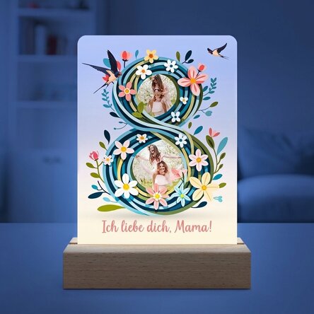 Individuell gestaltete LED-Nachtlampe mit 2 Fotos und Text – 8 floral