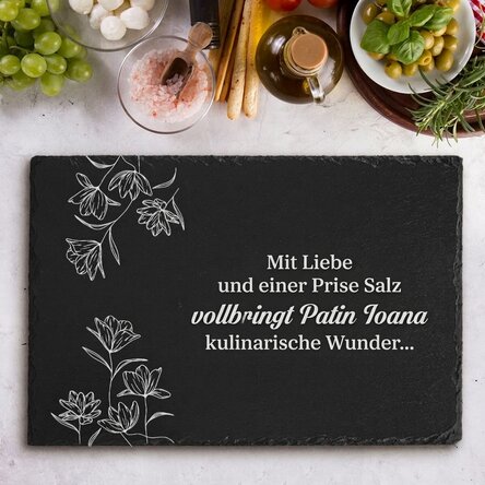 Individuell gravierte Schieferplatte mit einer Botschaft für die Patin