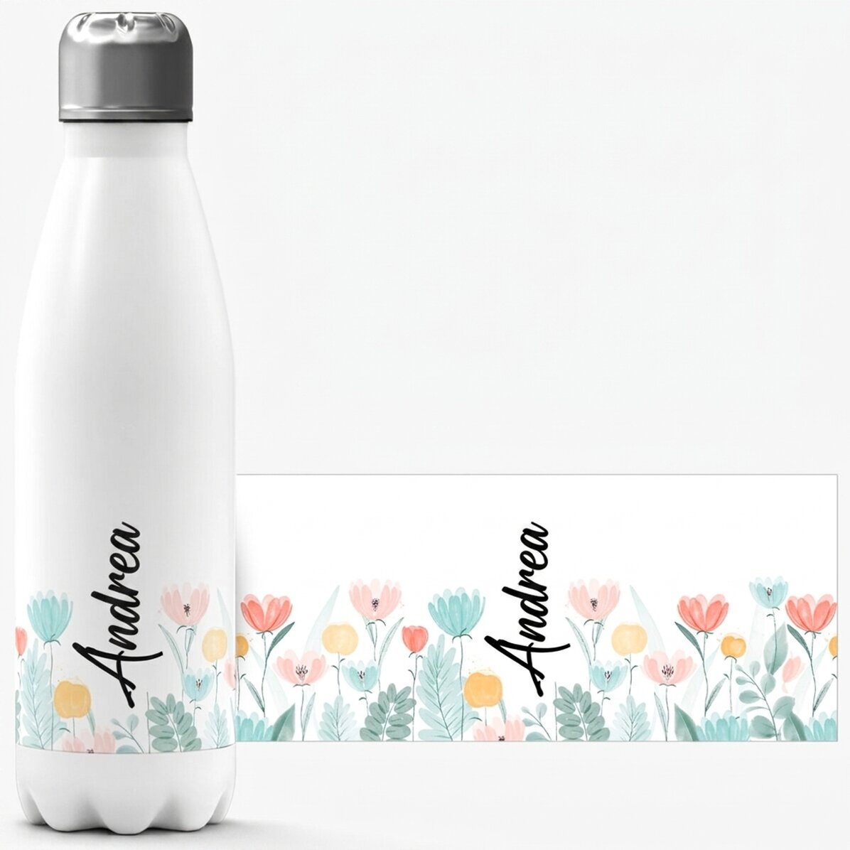 Thermoskanne mit weißem Boden, individuell mit Namen bedruckt – Blumen