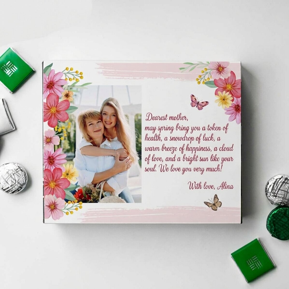 Personalisierte Pralinenschachtel mit Foto und Botschaft – Frühling
