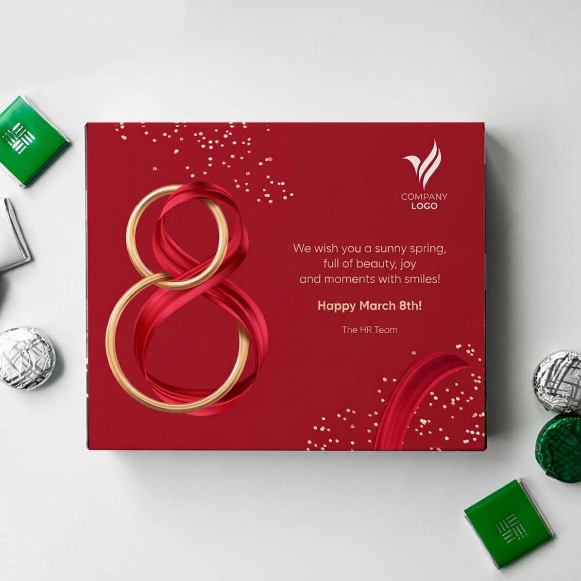 Personalisierte Pralinenschachtel mit Logo und Text – 8. März