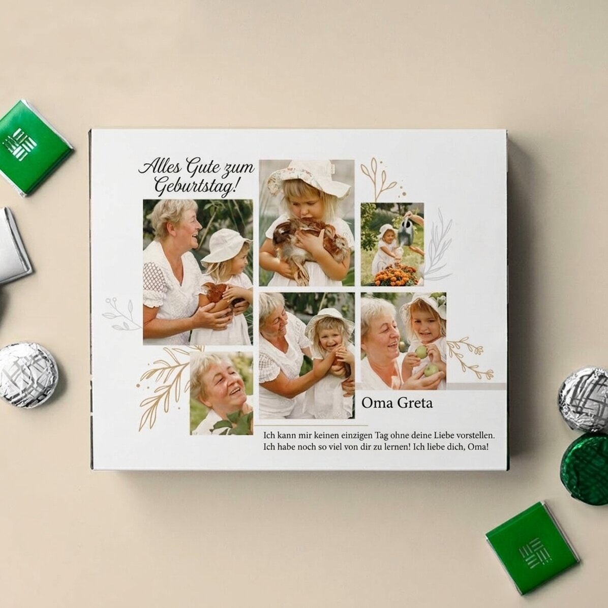 Personalisierte Pralinenschachtel mit 6 Fotos und einer Botschaft