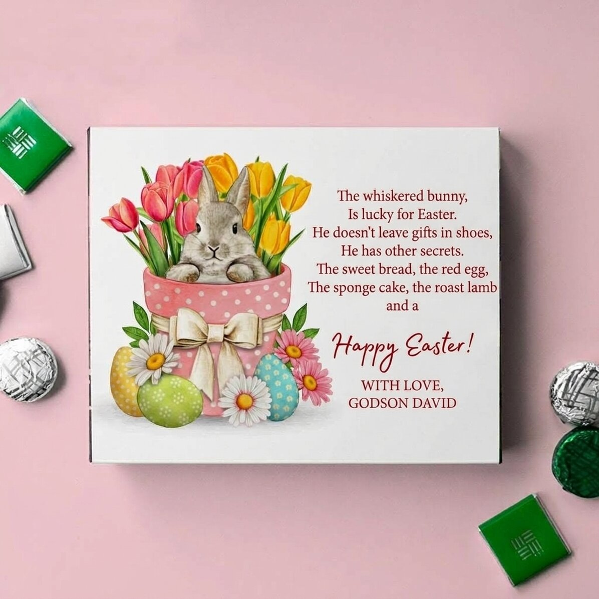 Personalisierte Pralinenschachtel mit Grußbotschaft – Frohe Ostern!