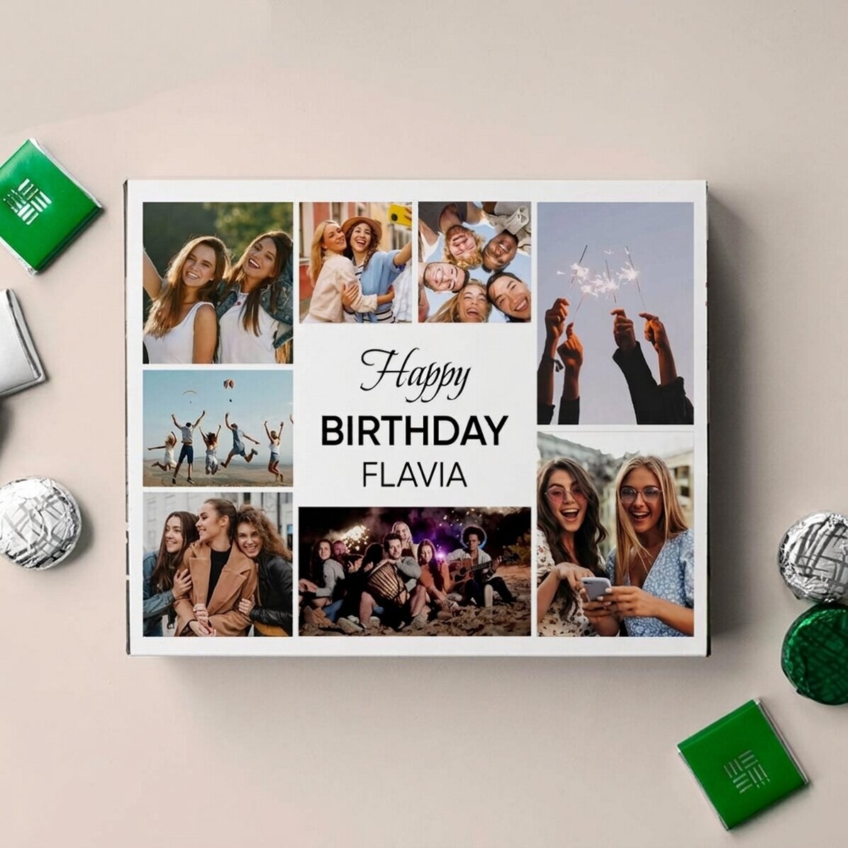 Personalisierte Pralinenschachtel mit 8 Fotos und einer Botschaft – Happy Birthday!