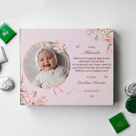 Personalisierte Pralinenschachtel mit Foto und Botschaft zur Taufe – Bitte um die Patenschaft