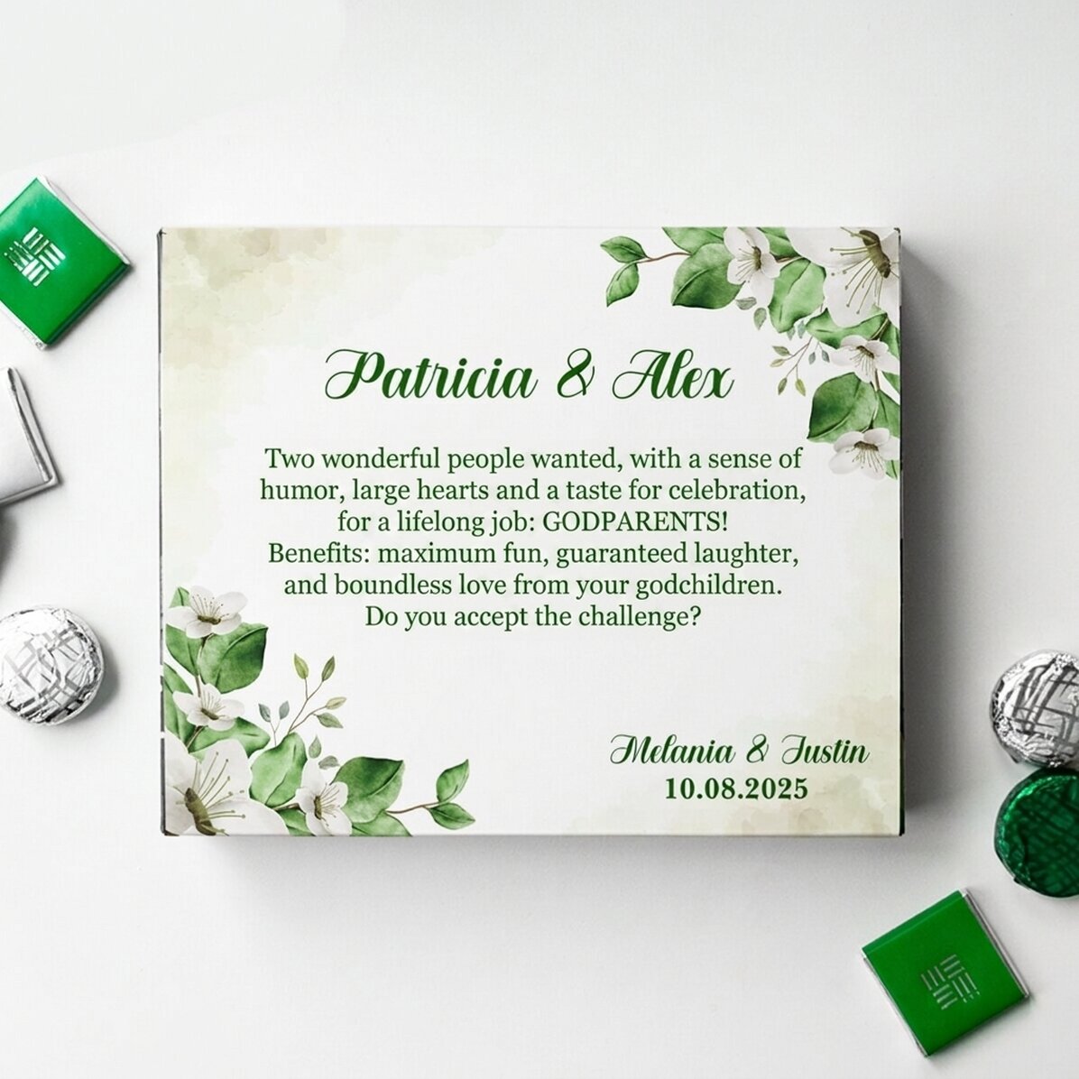 Personalisierte Pralinenschachtel mit Text – Bitte um die Patenschaft