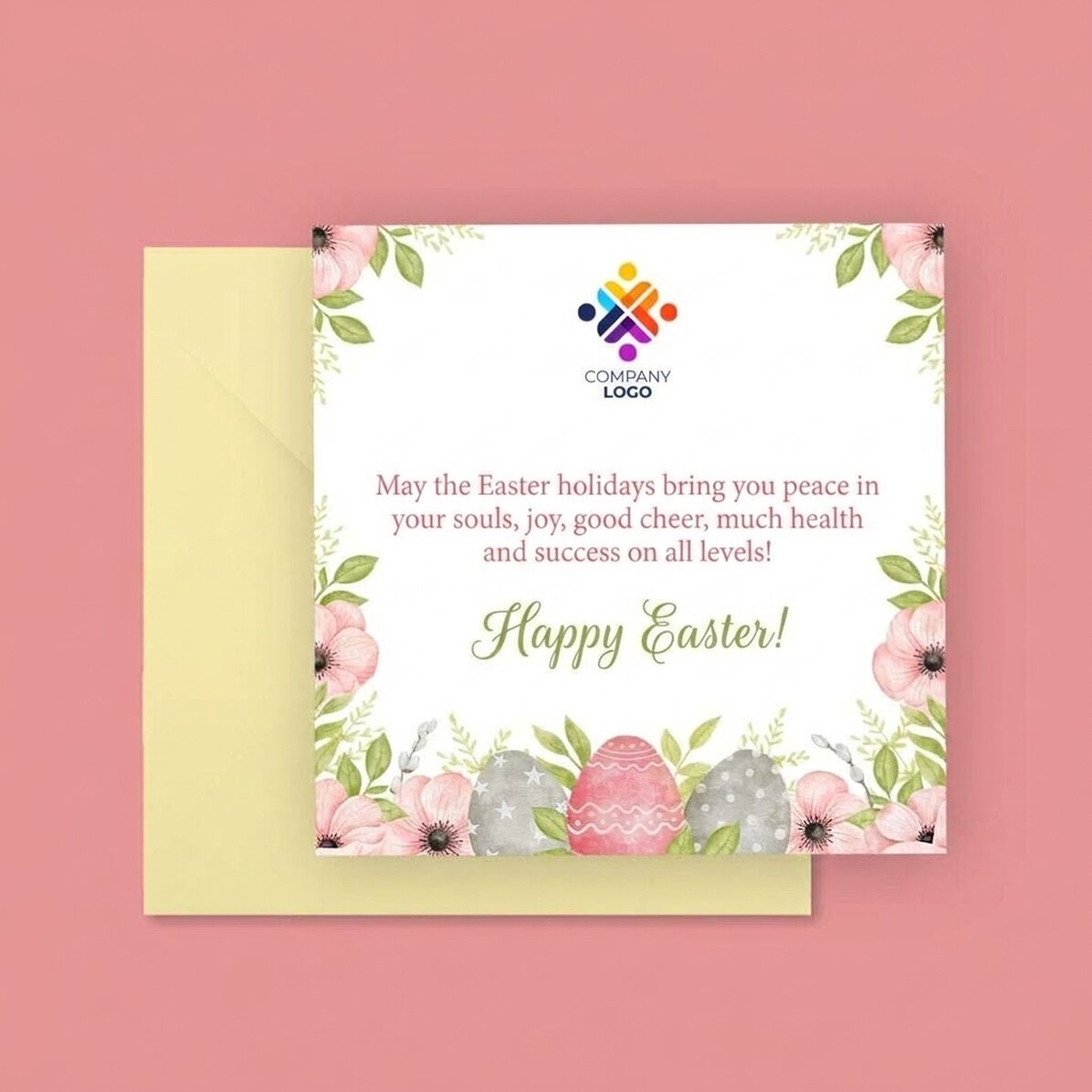 Individuell gestaltete quadratische Karte mit Text und Logo – Ostern