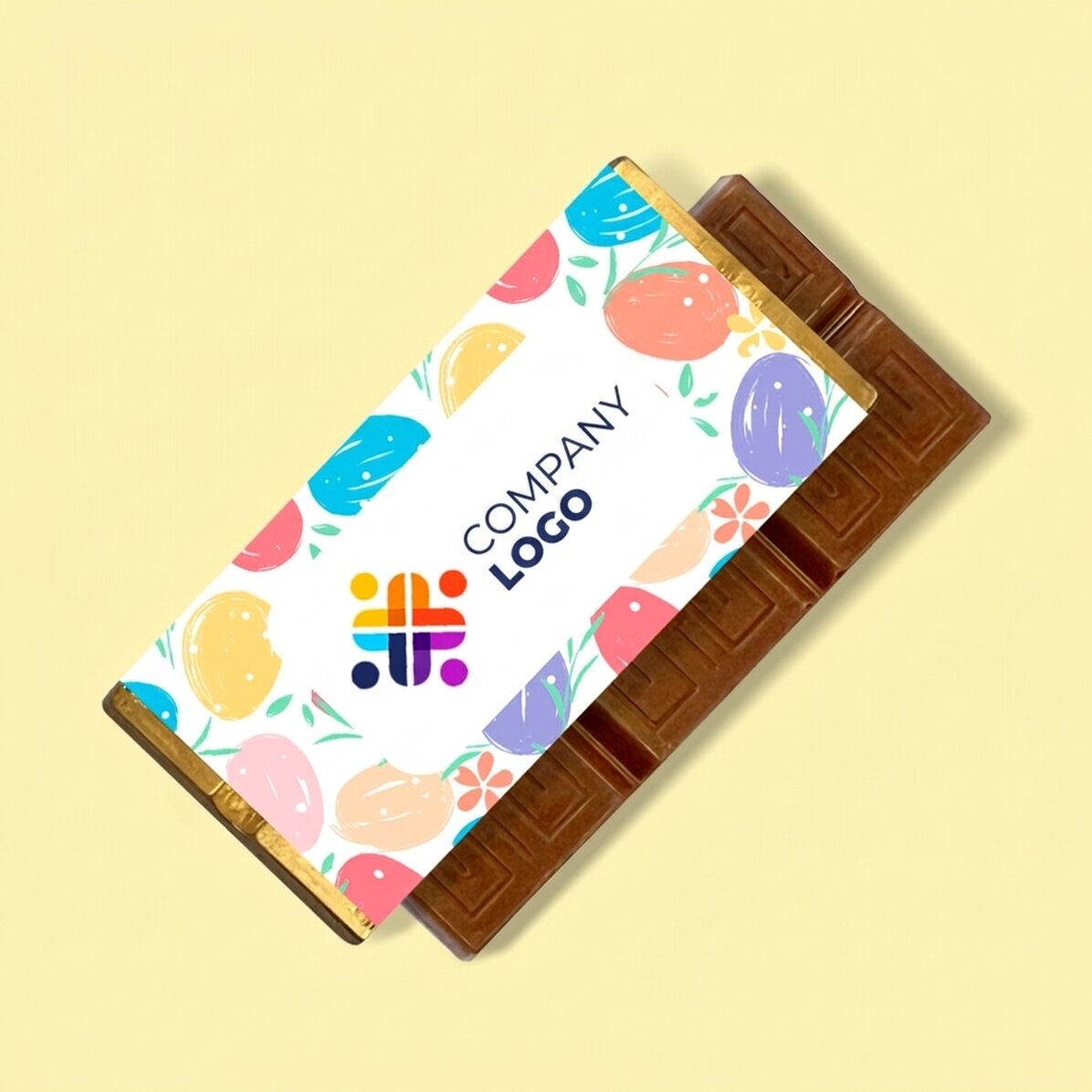 Personalisierte Mini-Schokoladentafel mit Logo und Botschaft – Bunte Eier