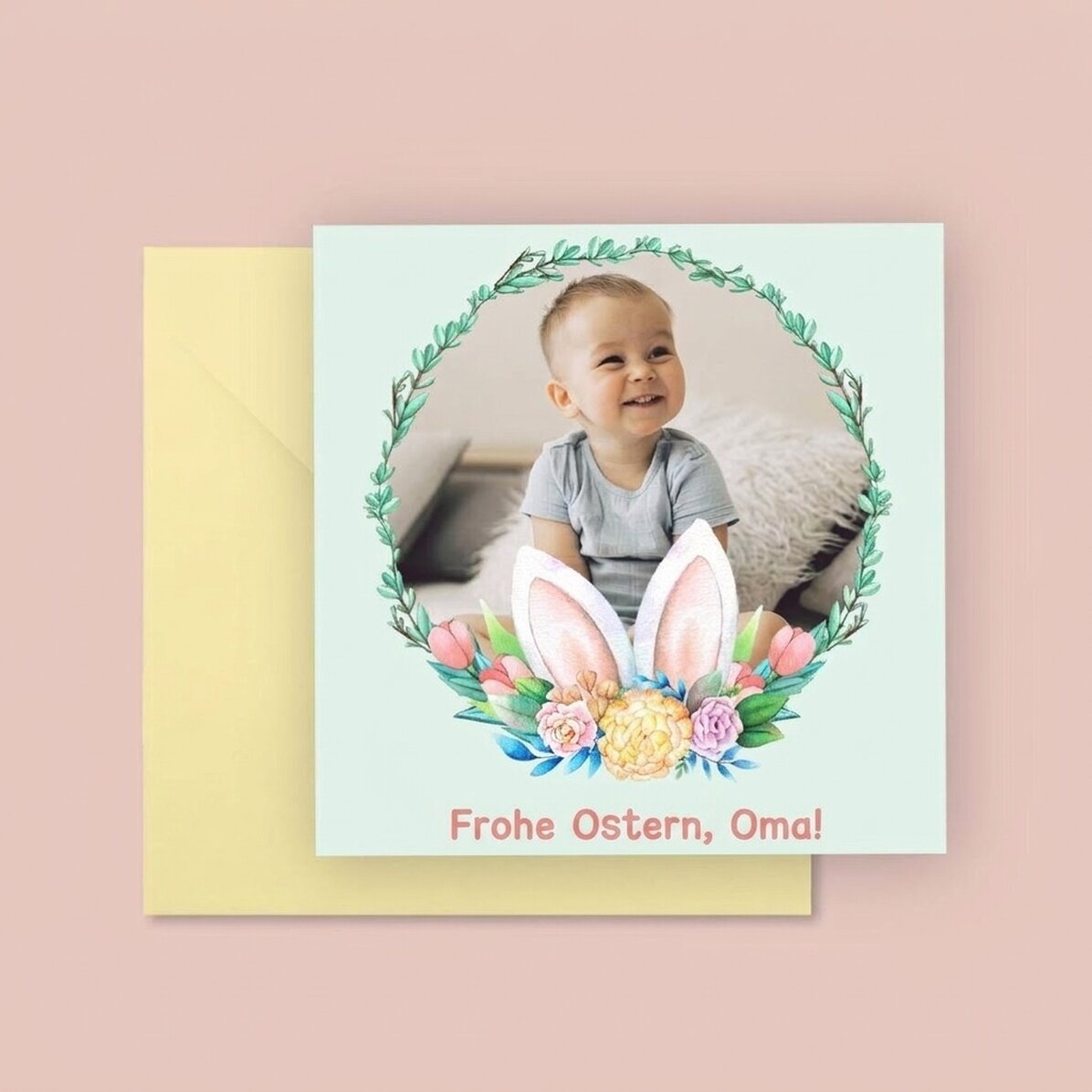 Individuell gestaltete quadratische Karte mit Text und einem Foto – Frohe Ostern!