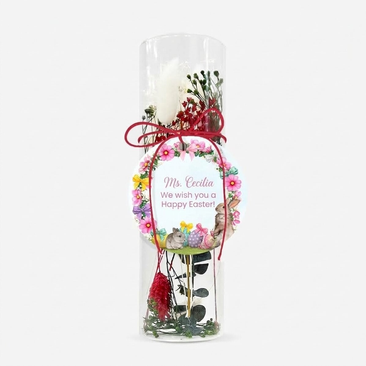 Glasornament mit konservierten Blumen, individuell mit einem Ostertext gestaltet