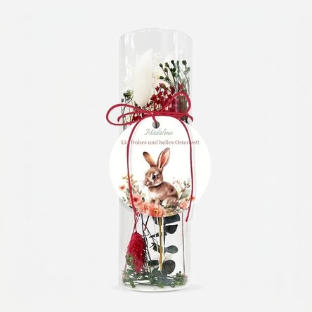 Glasornament mit konservierten Blumen, individuell gestaltet mit der Botschaft „Frohe Ostern!“