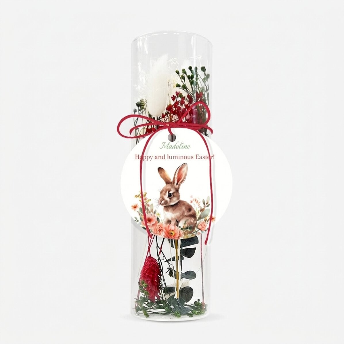 Glasornament mit konservierten Blumen, individuell gestaltet mit der Botschaft „Frohe Ostern!“