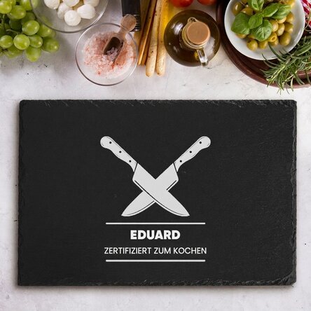 Individuell gravierte Schieferplatte mit Text – „Zugelassen zum Kochen“