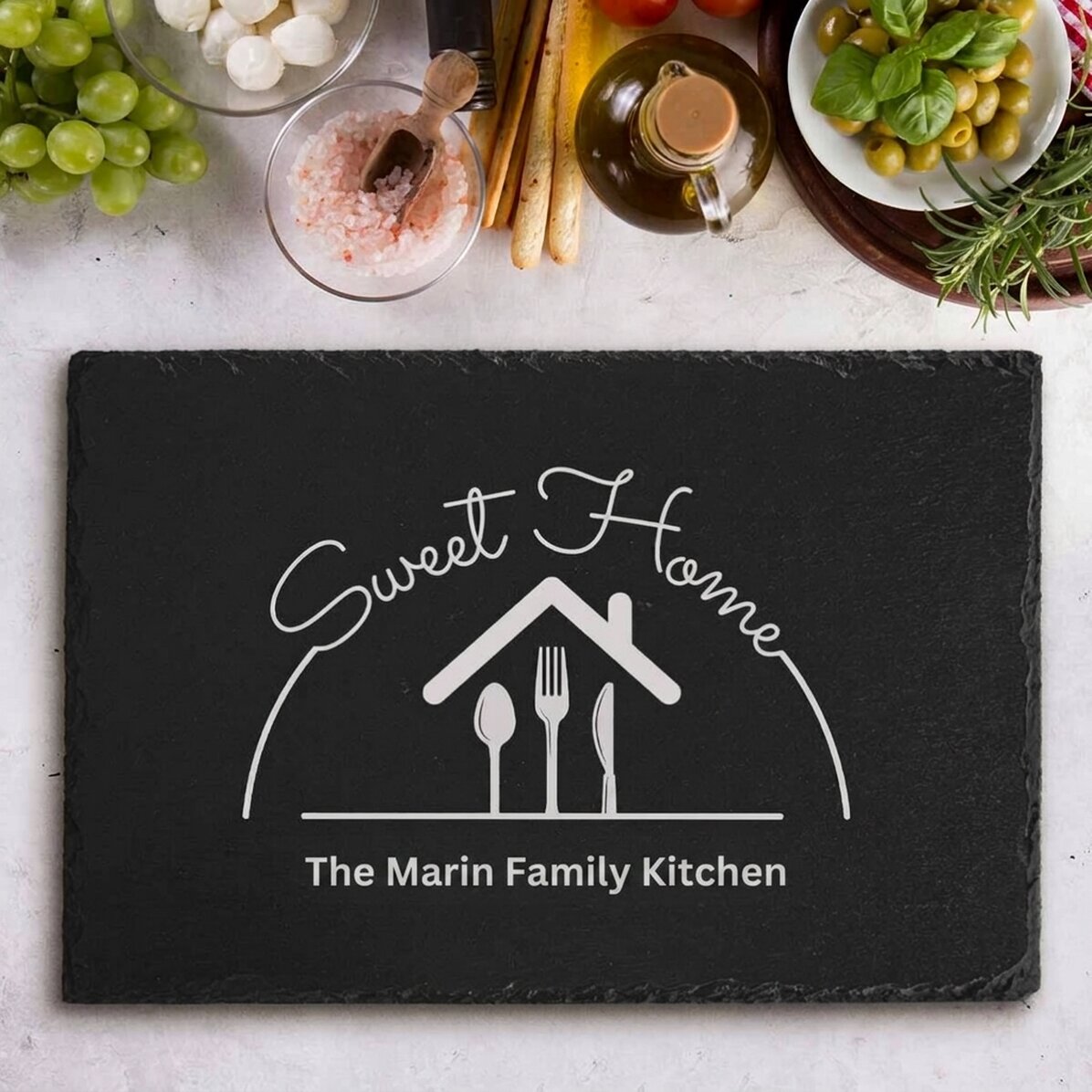 Individuell gravierte Schieferplatte mit Text – Sweet home