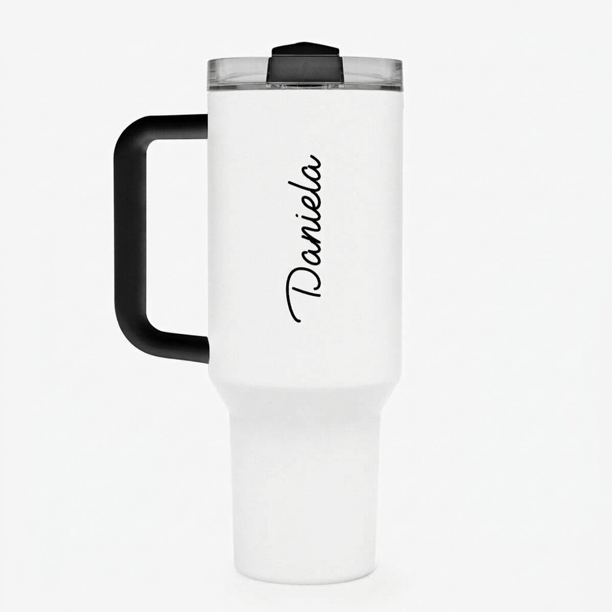 Thermosbecher mit Griff und Strohhalm, individuell mit Namen bedruckt