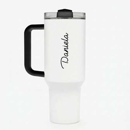 Thermosbecher mit Griff und Strohhalm, individuell mit Namen bedruckt
