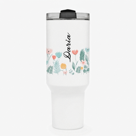 Thermosbecher mit Henkel und Strohhalm, individuell mit Namen bedruckt – Flowers