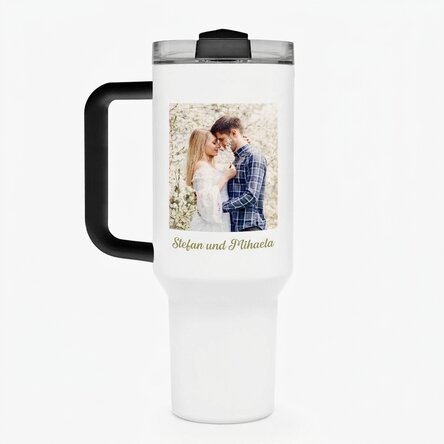 Thermosbecher mit Griff und Strohhalm, individuell gestaltet mit Foto und Namen