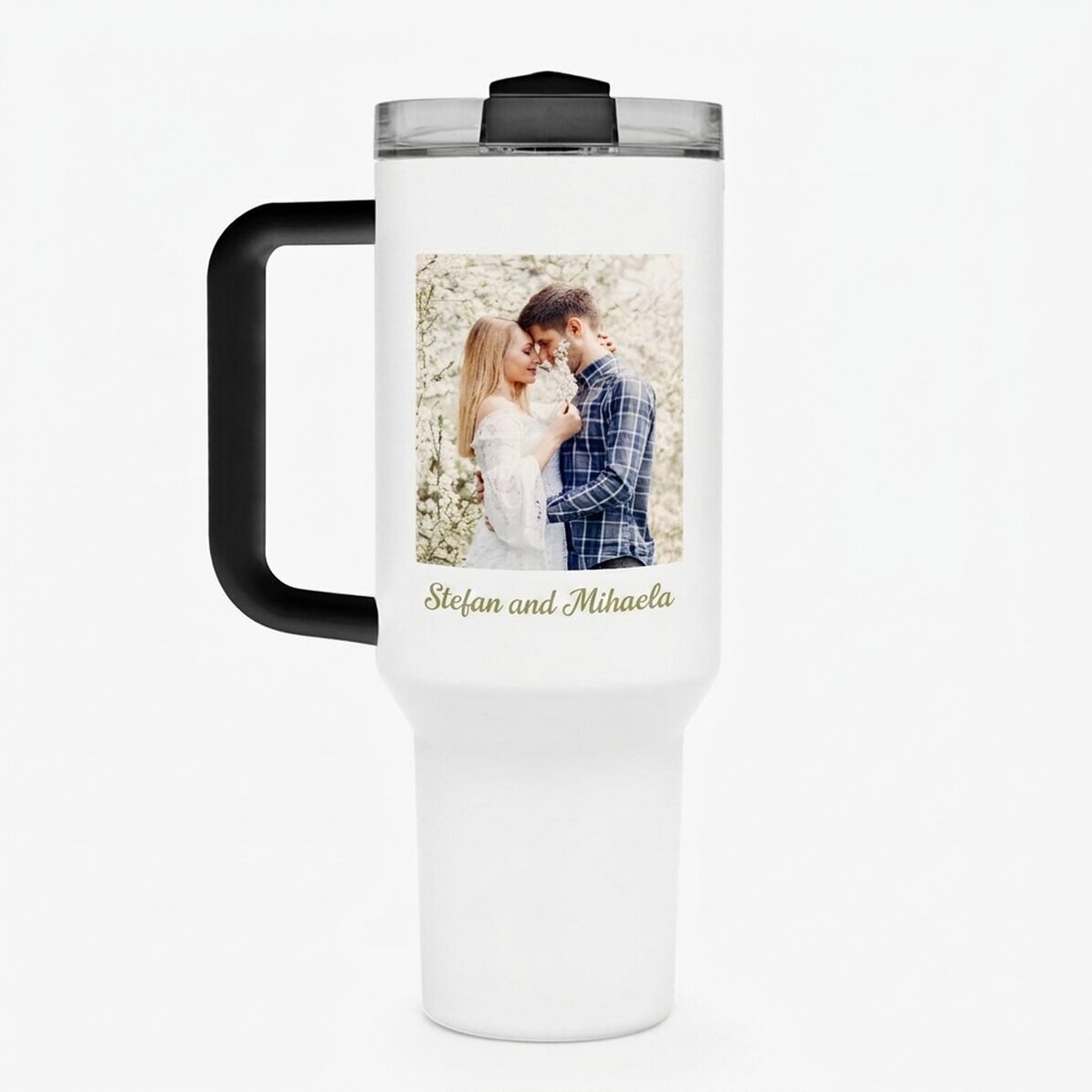 Thermosbecher mit Griff und Strohhalm, individuell gestaltet mit Foto und Namen