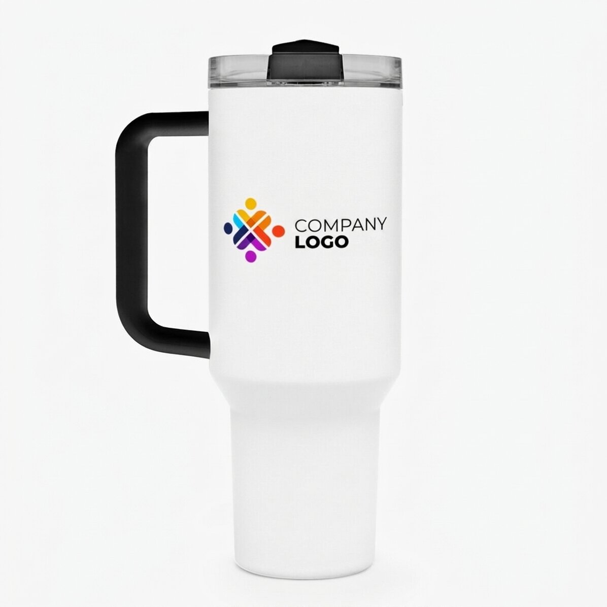 Thermosbecher mit Griff und Strohhalm, individuell mit Logo bedruckt