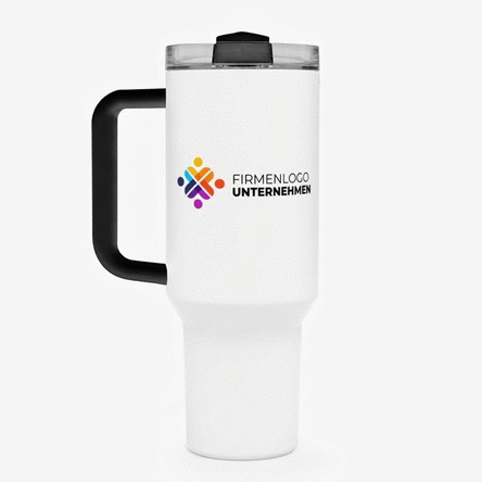 Thermosbecher mit Henkel und Strohhalm, individuell gestaltet mit Logo und Namen
