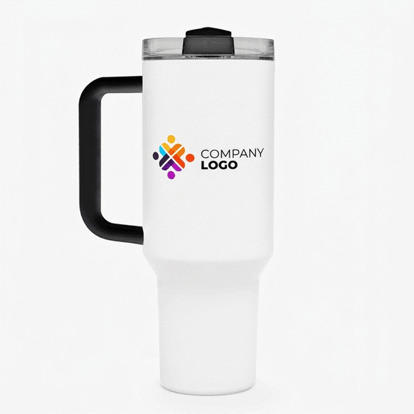 Thermosbecher mit Henkel und Strohhalm, individuell gestaltet mit Logo und Namen