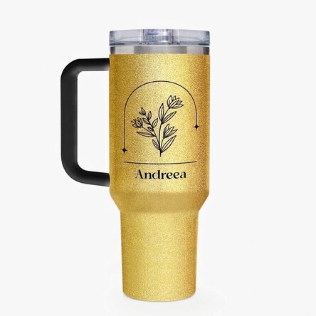 Thermosbecher mit Henkel und Strohhalm, individuell mit Namen bedruckt – Blume