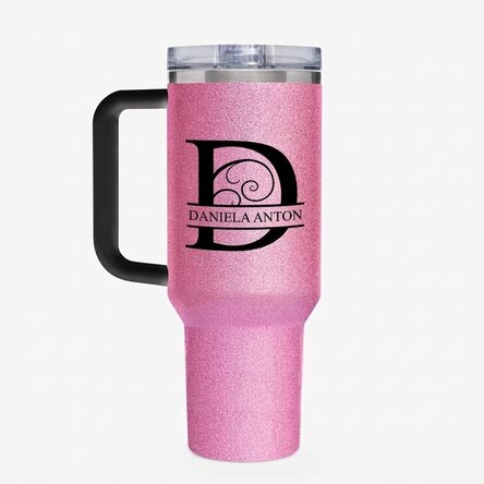 Thermosbecher mit Henkel und Strohhalm, individuell mit Monogramm versehen