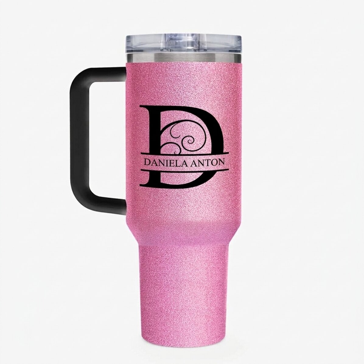 Thermosbecher mit Henkel und Strohhalm, individuell mit Monogramm versehen