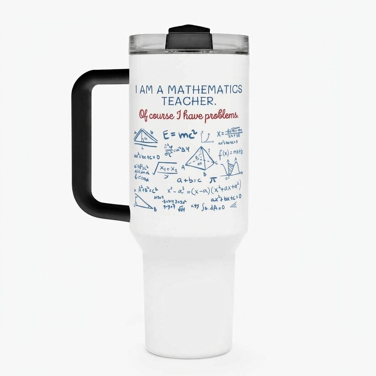 Thermosbecher mit Griff und Strohhalm, individuell mit einer Botschaft bedruckt – Mathematiklehrer