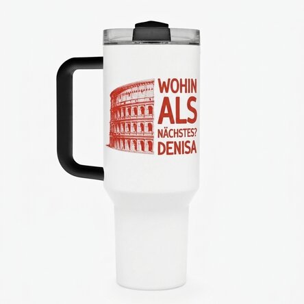 Thermosflasche mit Griff und Strohhalm, individuell mit dem Text „Where to next?“ bedruckt
