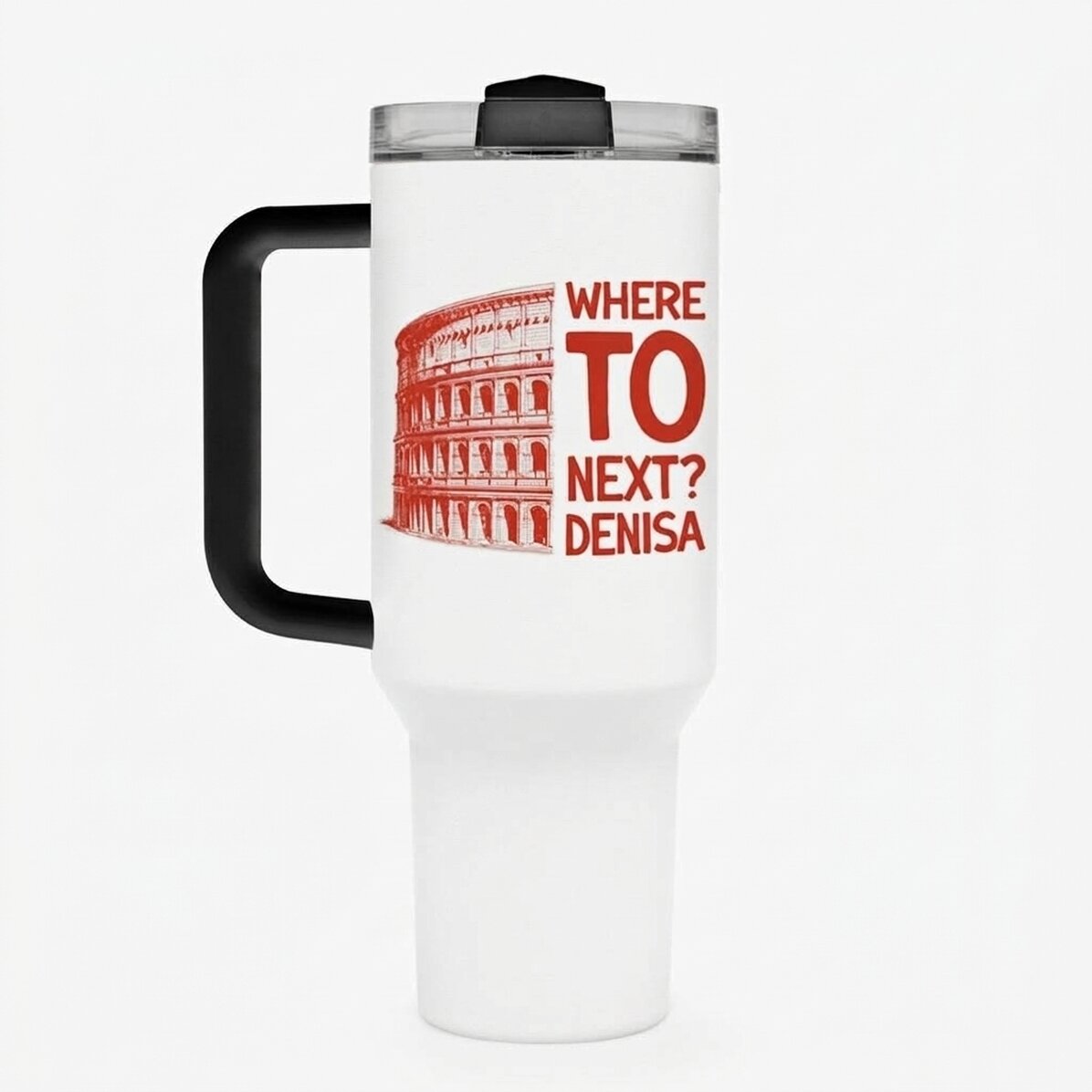 Thermosflasche mit Griff und Strohhalm, individuell mit dem Text „Where to next?“ bedruckt