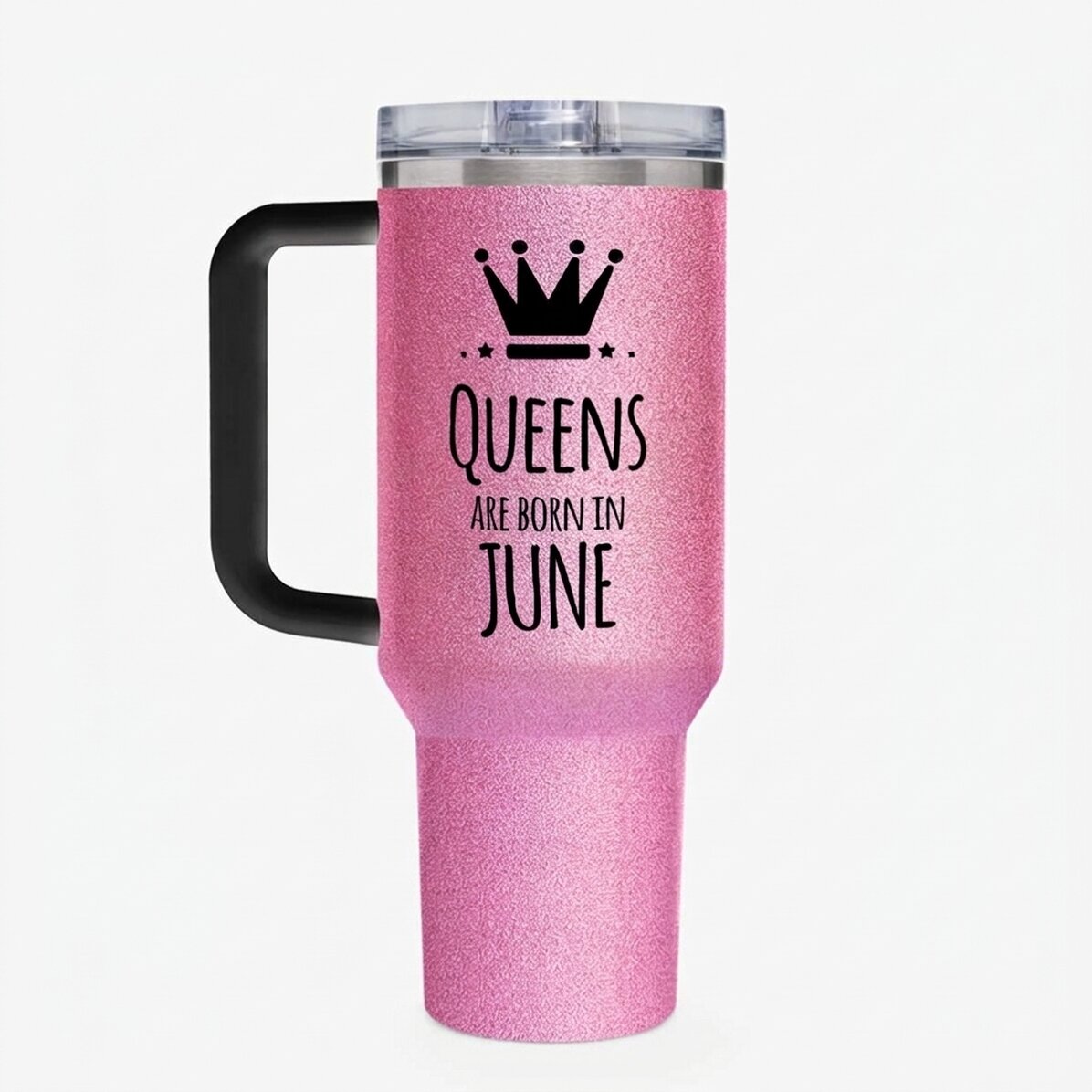 Thermosbecher mit Henkel und Strohhalm, individuell mit Text bedruckt – Queens