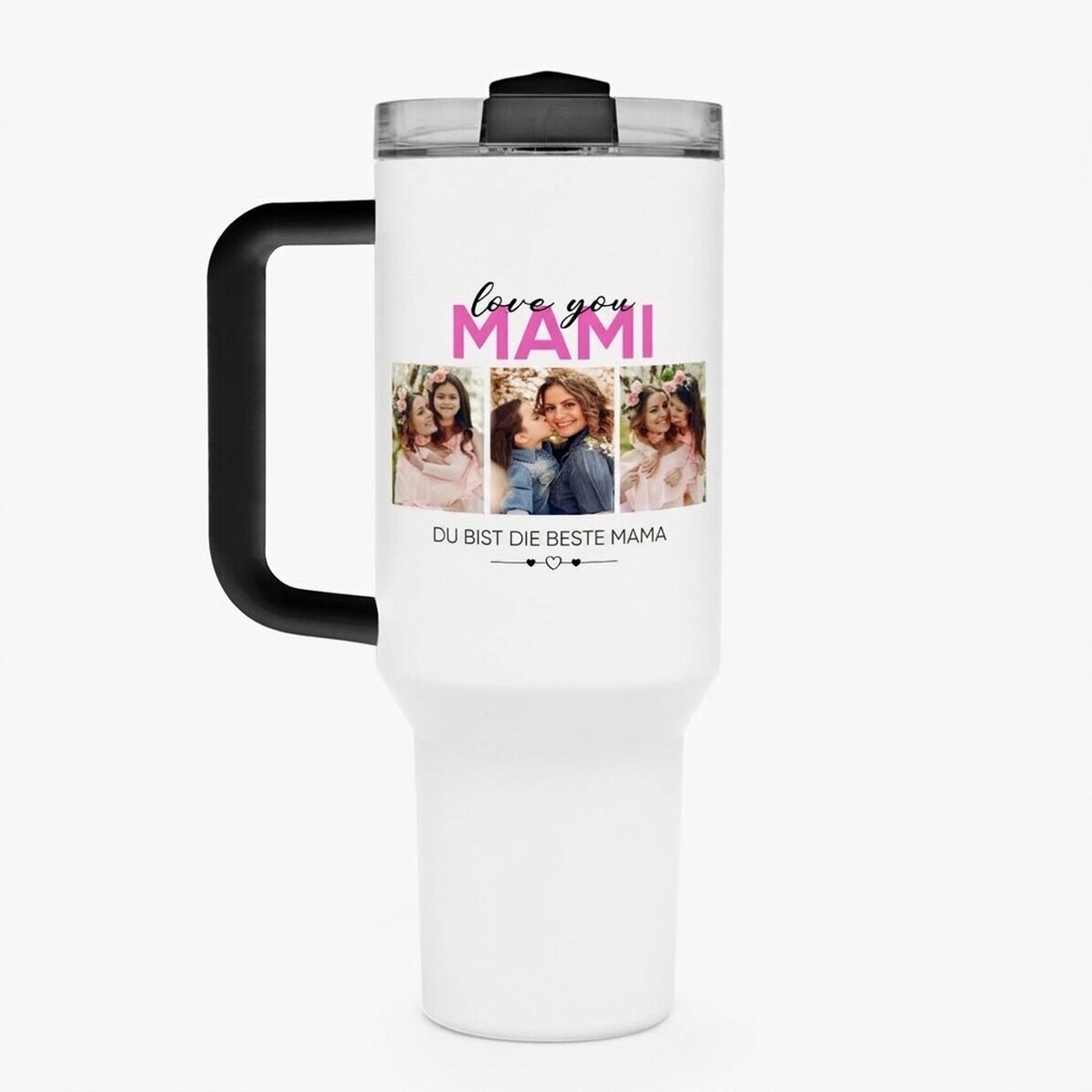Thermosbecher mit Henkel und Strohhalm, individuell gestaltet mit 6 Fotos und einem Text – With love