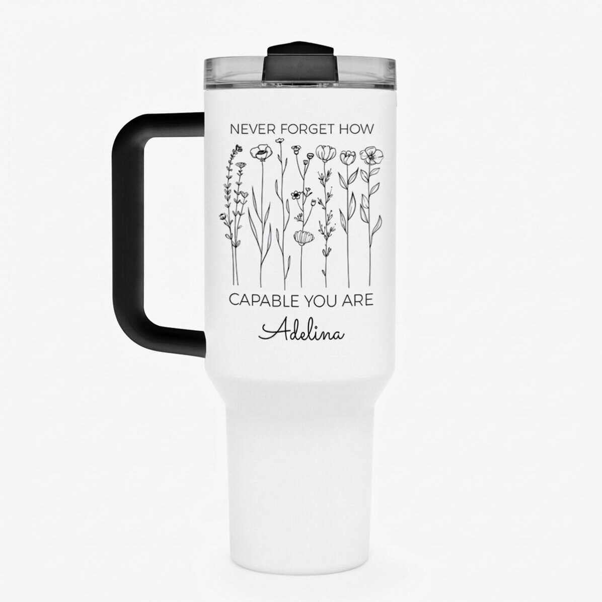 Thermosbecher mit Henkel und Strohhalm, individuell mit Text bedruckt – Flowers