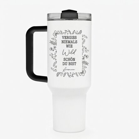 Thermosbecher mit Henkel und Strohhalm, individuell mit Text bedruckt – Flower Frame
