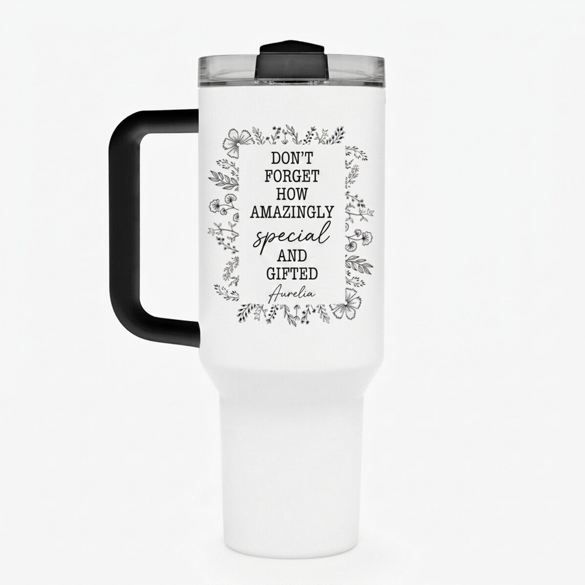 Thermosbecher mit Henkel und Strohhalm, individuell mit Text bedruckt – Flower Frame