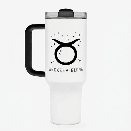 Thermosbecher mit Griff und Strohhalm, individuell mit Text bedruckt – Sternzeichen Stier