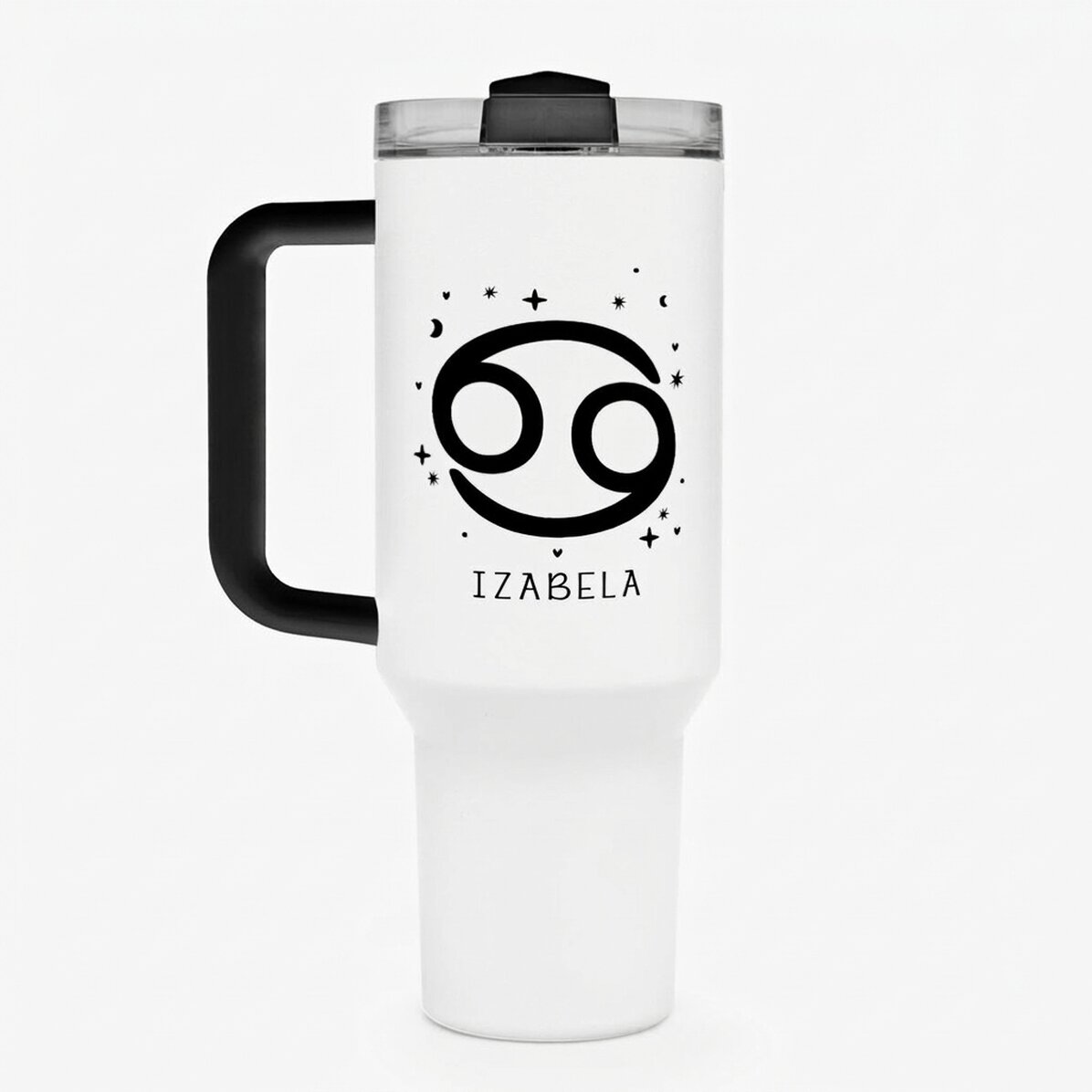 Thermosbecher mit Henkel und Strohhalm, individuell mit Text bedruckt – Sternzeichen Krebs