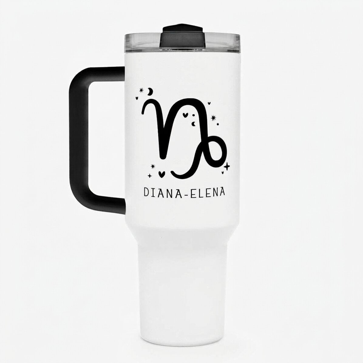 Thermosbecher mit Griff und Strohhalm, individuell mit Text bedruckt – Sternzeichen Steinbock